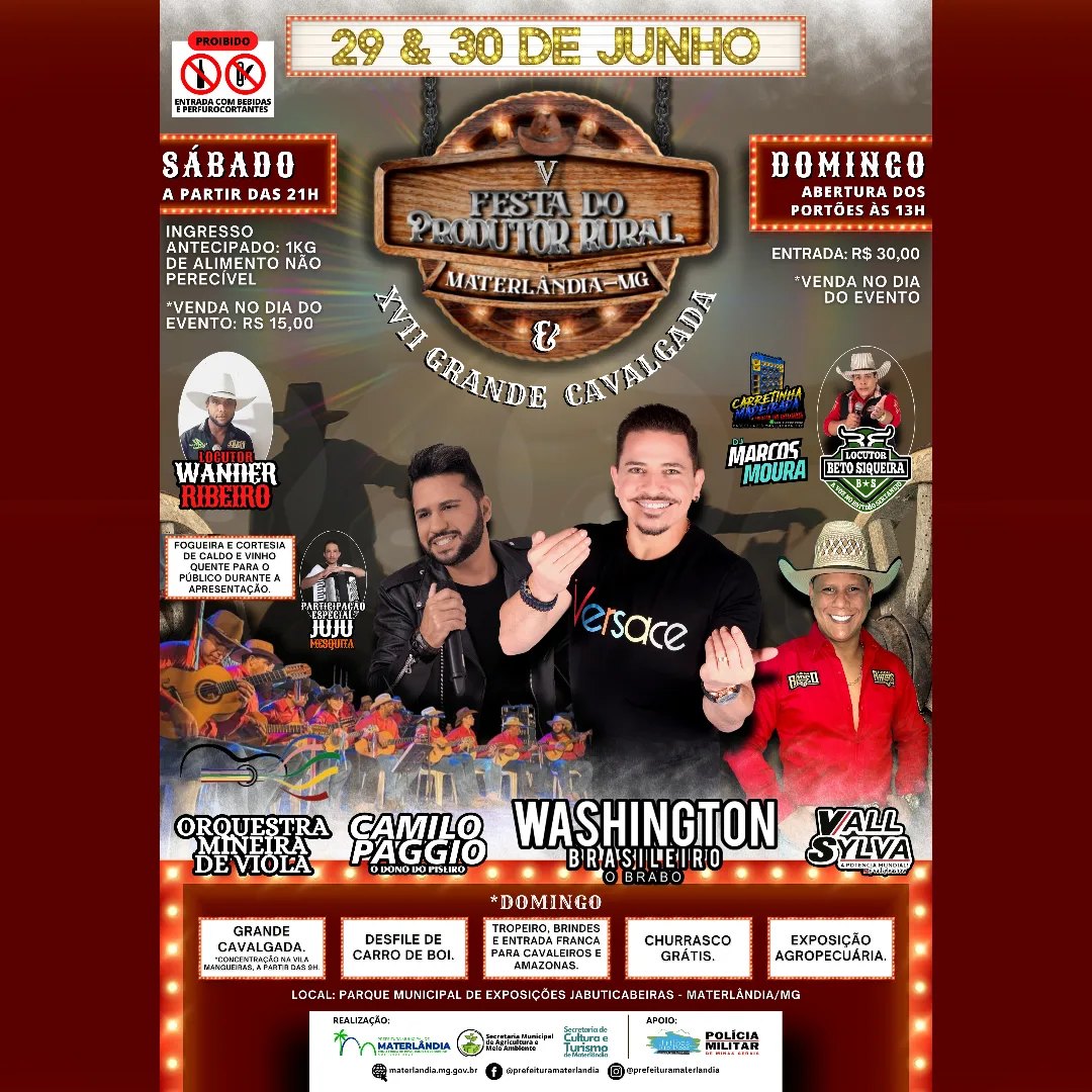 🚜🐴 DIAS 29 & 30 DE JUNHO – V FESTA DO PRODUTOR RURAL E XVII GRANDE CAVALGADA DE MATERLÂNDIA/2024 🐴🚜